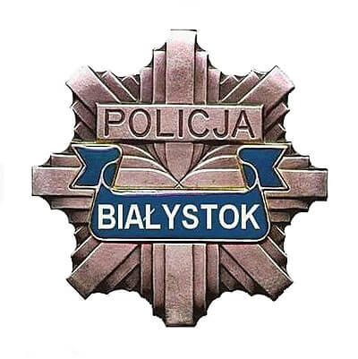 Grafika przedstawia logo Białostockiej Policji. Jest to odznaka policyjna z napisem "Białystok"