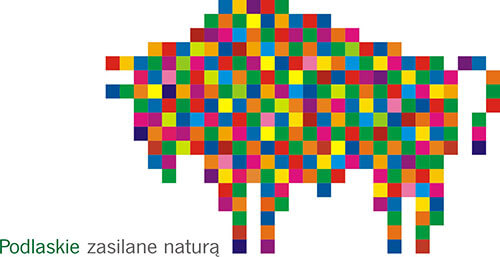 Grafika przedstawia logo "Podlaskie". Składa się z napisu "Podlaskie" oraz żubra wykonanego z kolorowych kwadratów. Wygląda jakby był zrobiony z małych pikseli